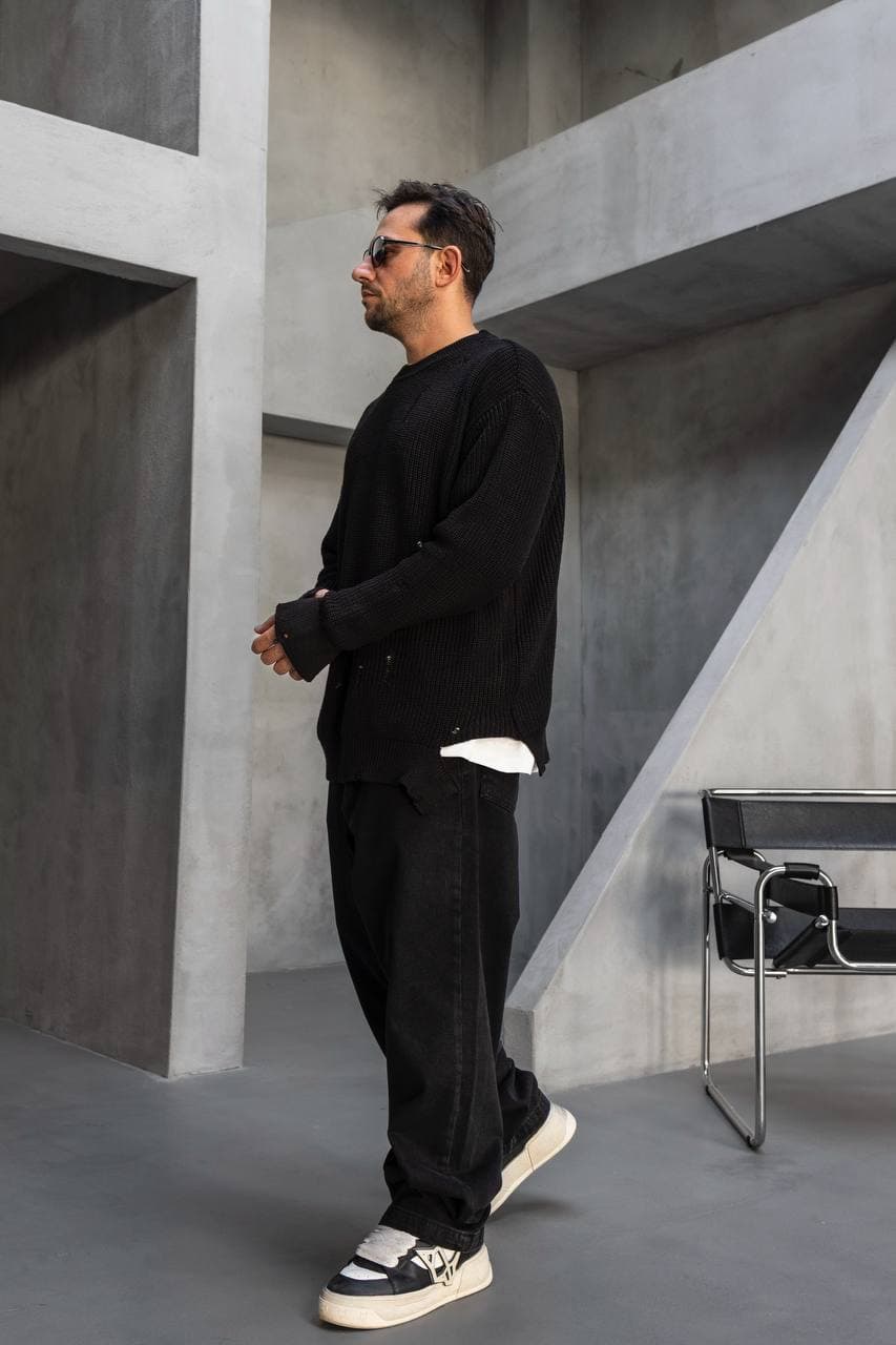 Distressed Crew Neck Knit Sweater