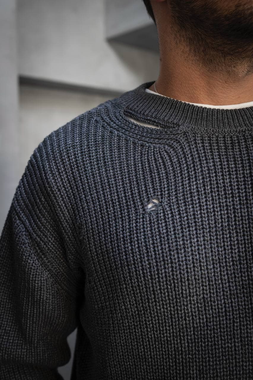 Distressed Crew Neck Knit Sweater