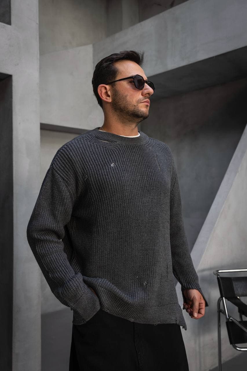 Distressed Crew Neck Knit Sweater