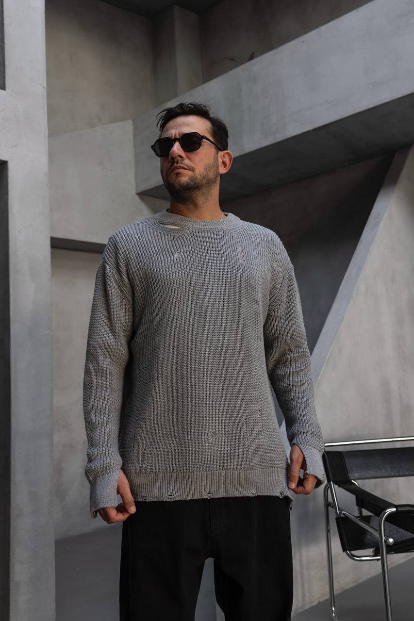 Distressed Crew Neck Knit Sweater