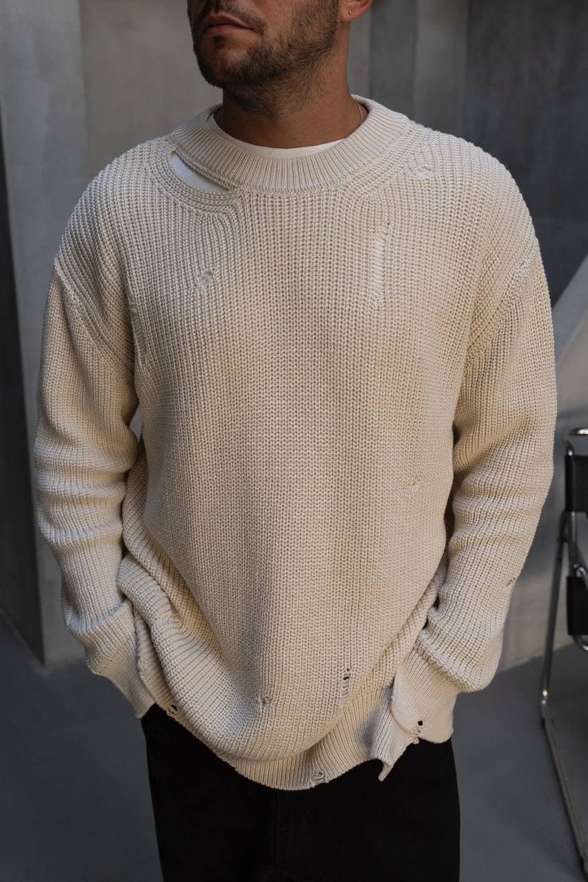 Distressed Crew Neck Knit Sweater